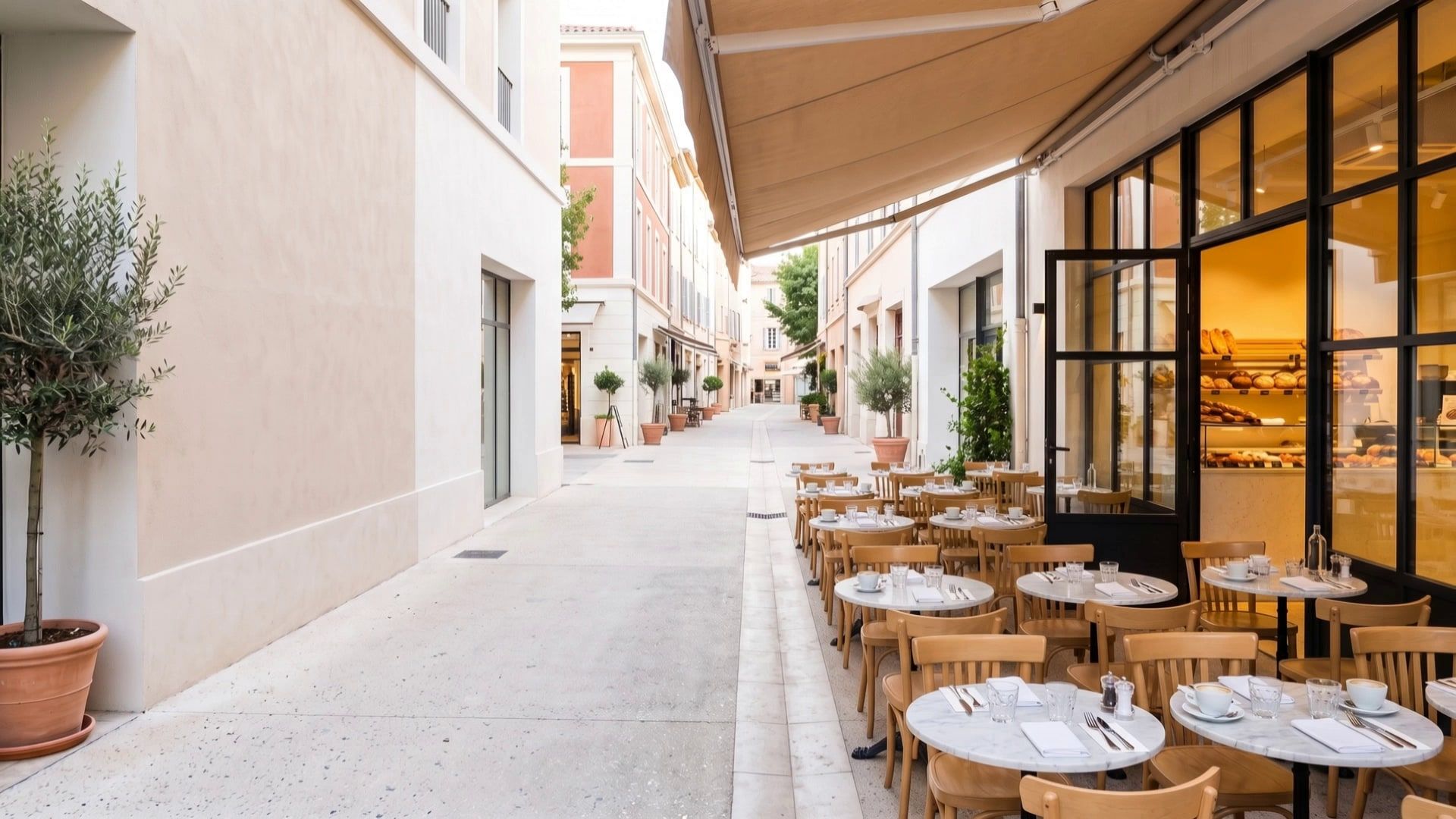 Terrasse d'un café moderne avant l'ouverture, tables de marbre dressées, rue piétonne déserte et vitrine dorée d'une boulangerie