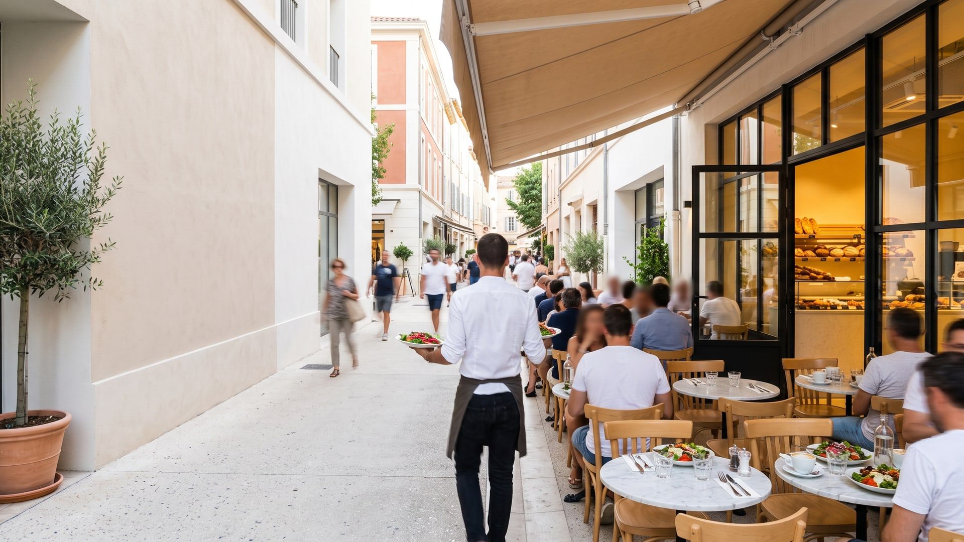 Terrasse d’un café-restaurant en plein service