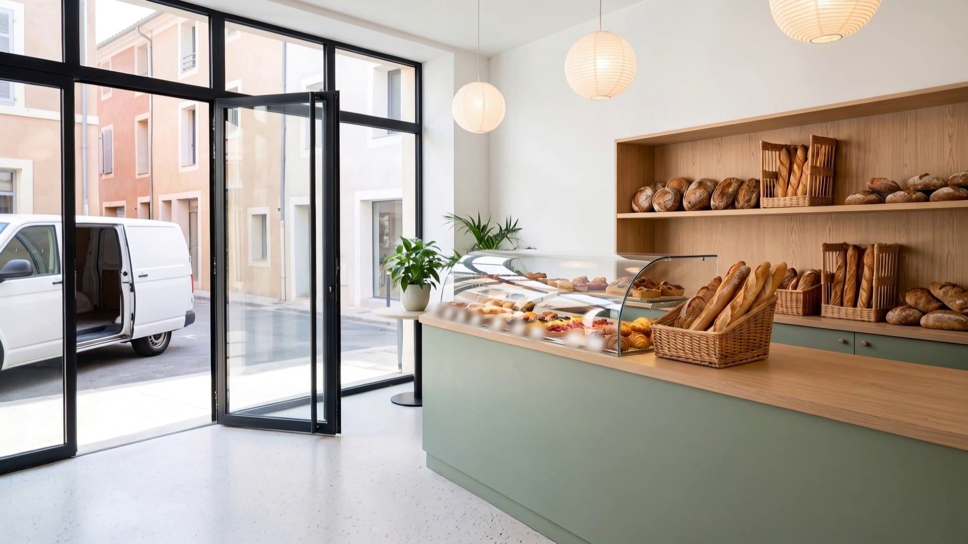 Boulangerie lumineuse et déserte : comptoir vert sauge, viennoiseries et paniers de baguettes, porte vitrée ouverte sur la rue ensoleillée