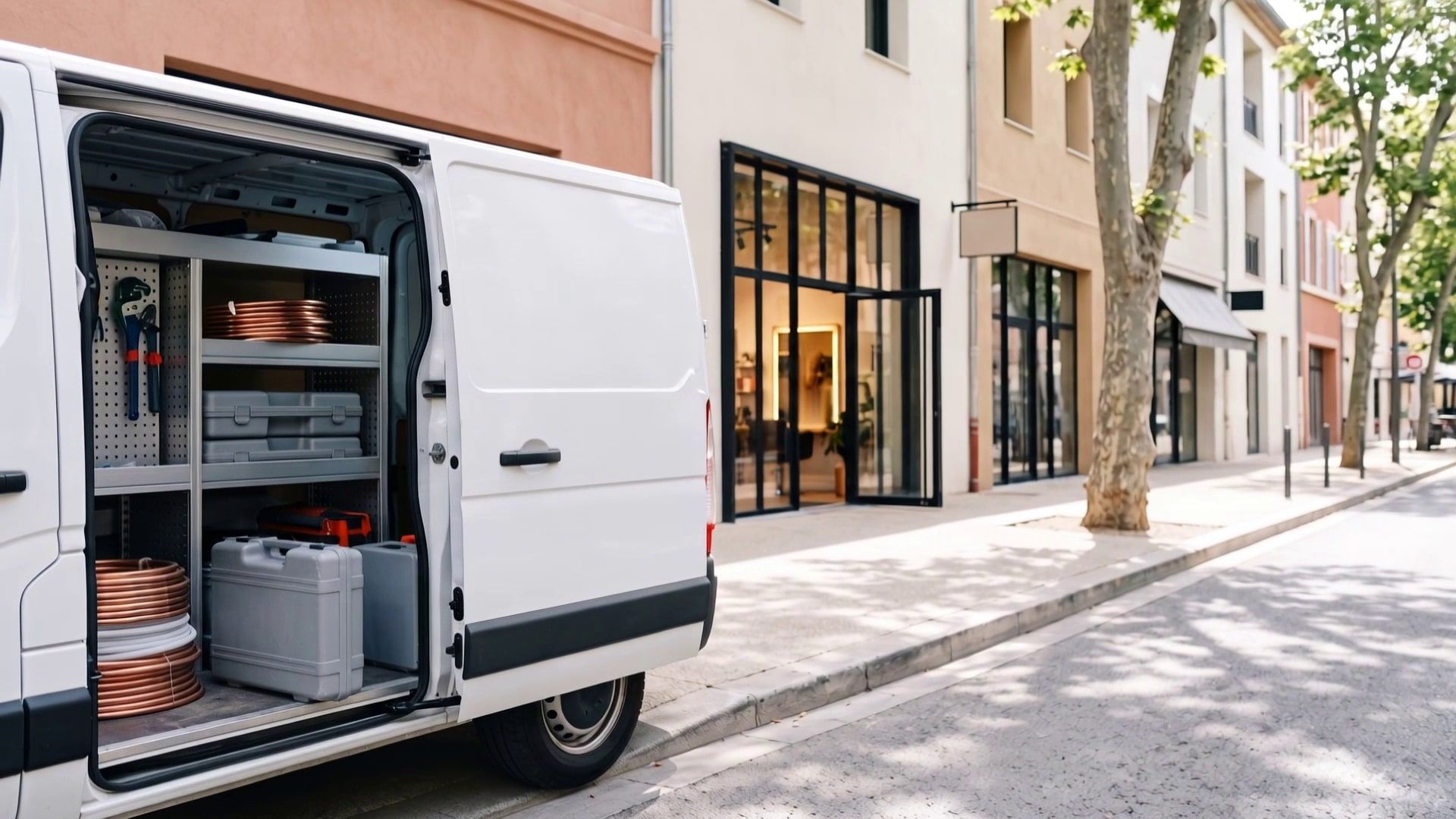 Camionnette blanche d'artisan garée, porte latérale ouverte sur des rangements nets, tubes de cuivre et mallettes, dans une rue ensoleillée