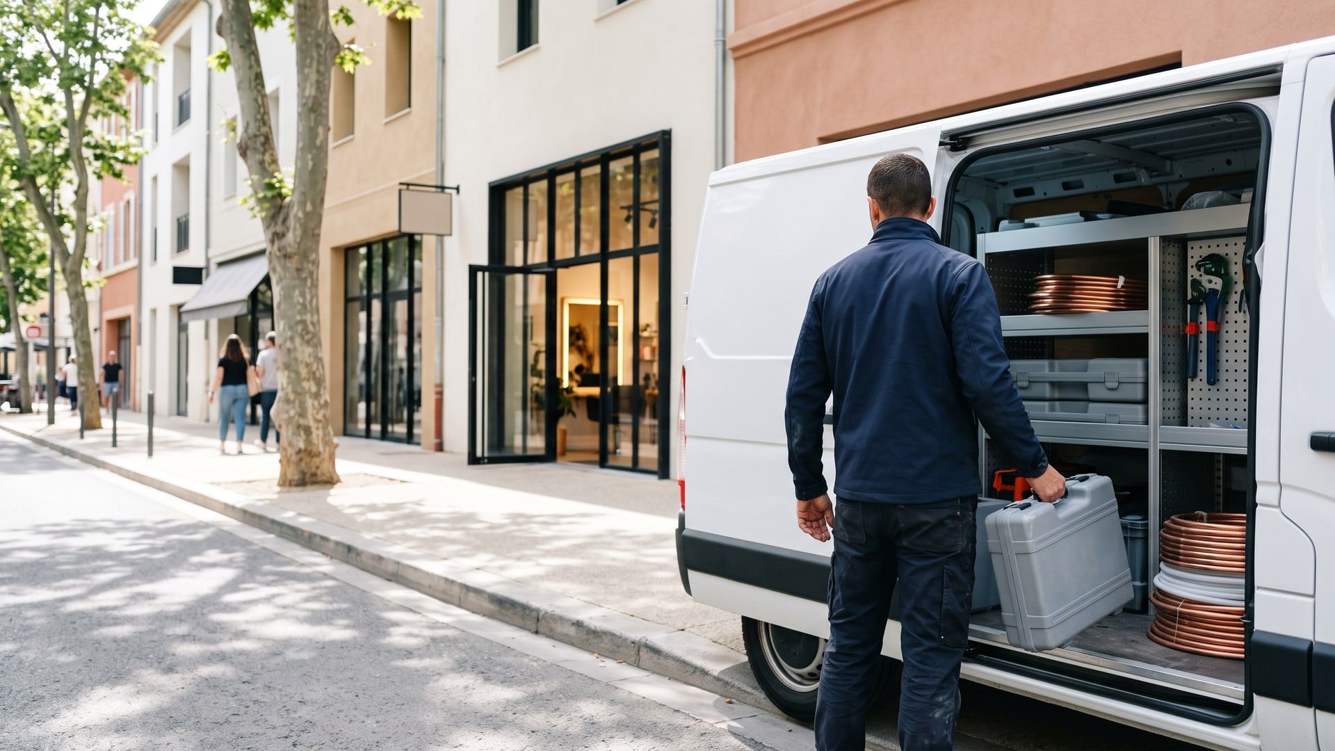Plombier chauffagiste devant sa camionnette