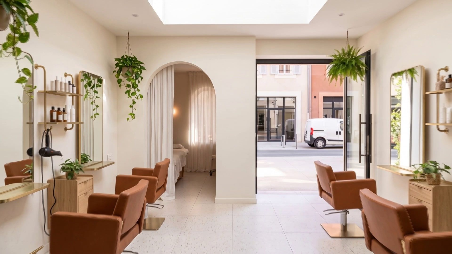 Salon de coiffure moderne et vide : fauteuils cognac, miroirs dorés, plantes suspendues, arche ouverte sur l'espace beauté