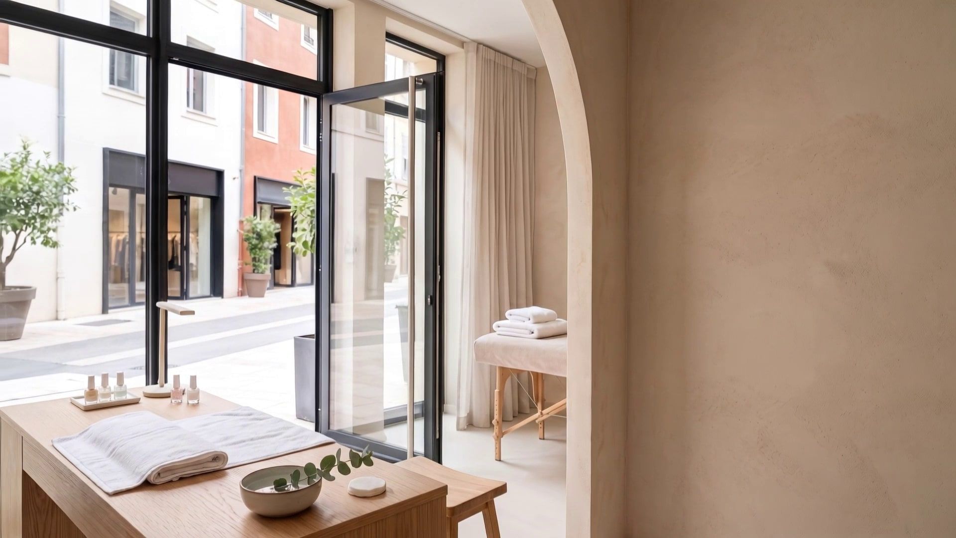 Espace beauté d'un institut, table de manucure prête près d'une porte vitrée ouverte sur la rue