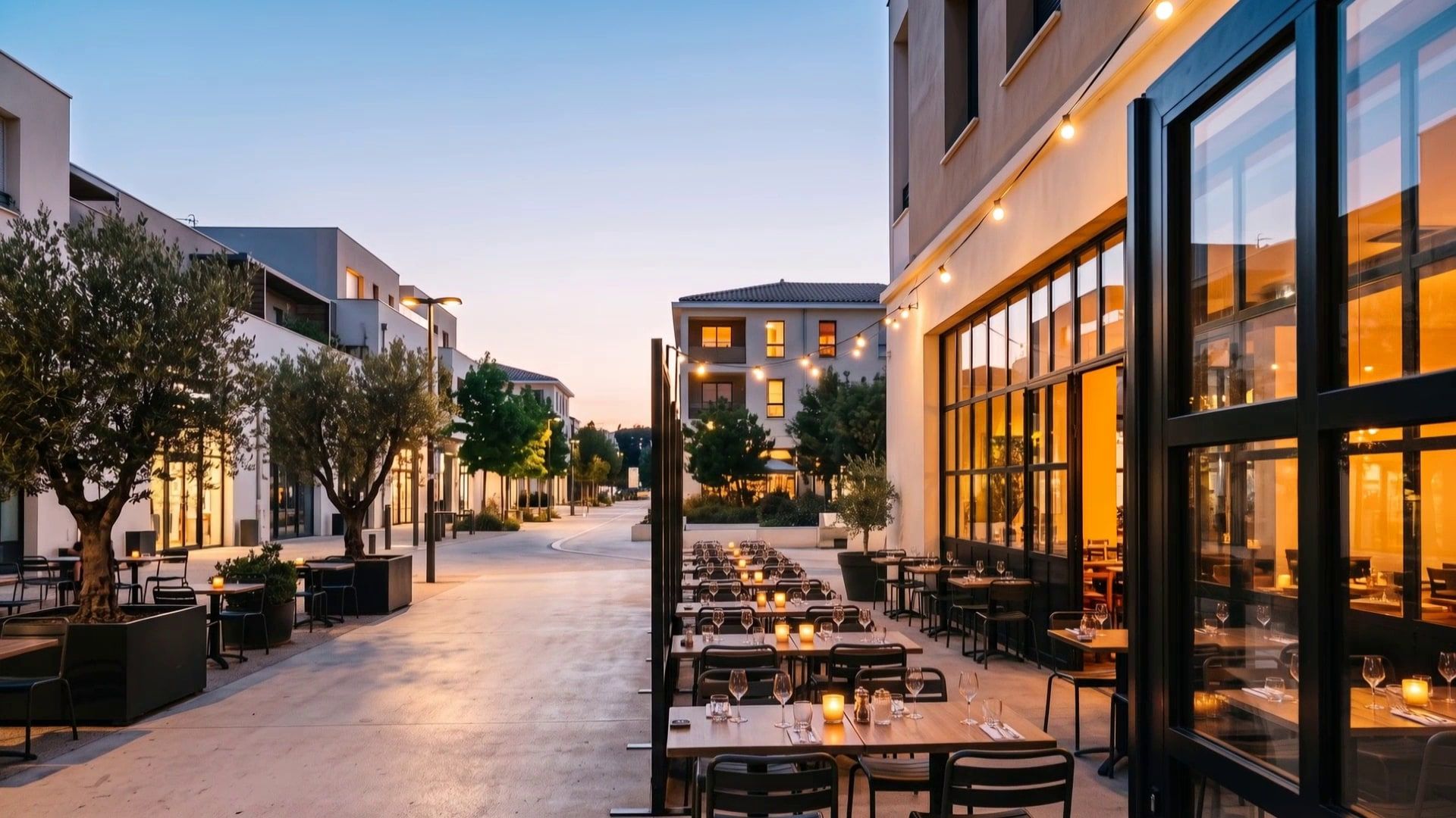 La rue commerçante à l'heure bleue : terrasse de restaurant dressée, bougies et guirlande de lampes allumées, oliviers en bacs
